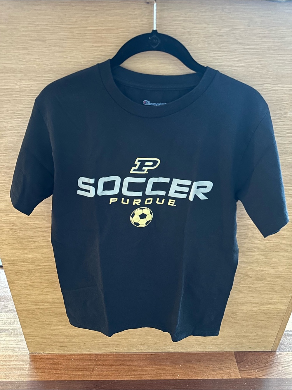 Champion Black Purdue Soccer Short Sleeve Tee with Yellow Accent